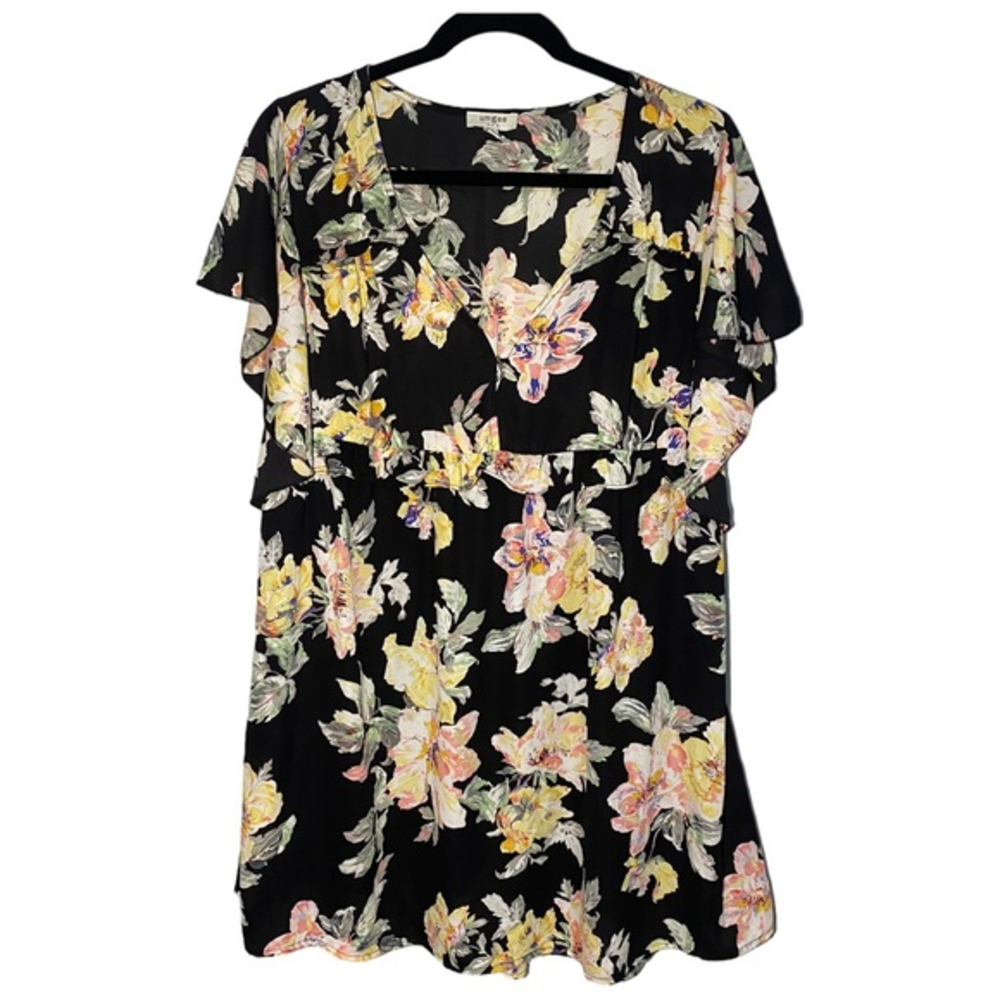 Umgee Womens Small Floral Ruffle Mini Flowy Dress Short Sleeves V Neck
